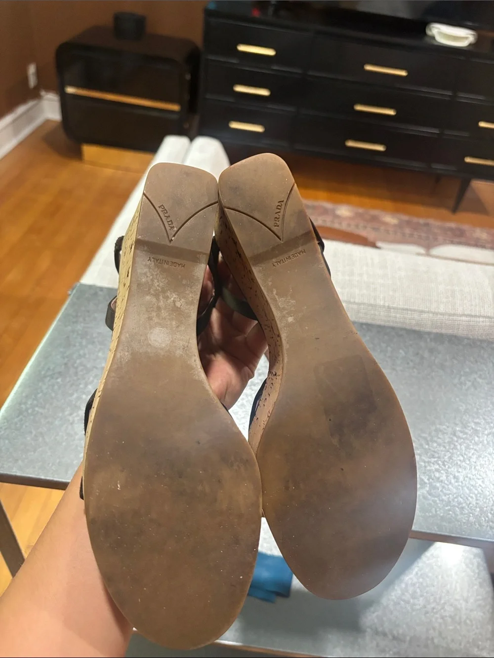 Womens Prada Brown Cork Wedge Sandals - Platform Strappy Heels